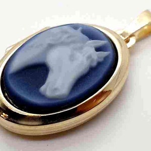 Horse pendant, valuable genuine gemstone cameo in a modern photo medallion setting in 925 silver as a pendant