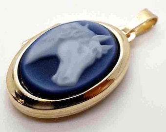 Horse pendant, valuable genuine gemstone gem in a modern photo medallion setting in 925 silver as a pendant