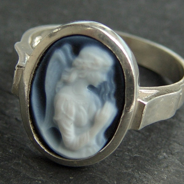 Ring with real gemstone gem 925 silver with guardian angel motif