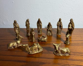 Vintage Solid Brass Miniature Mexican Nativity Set Scene