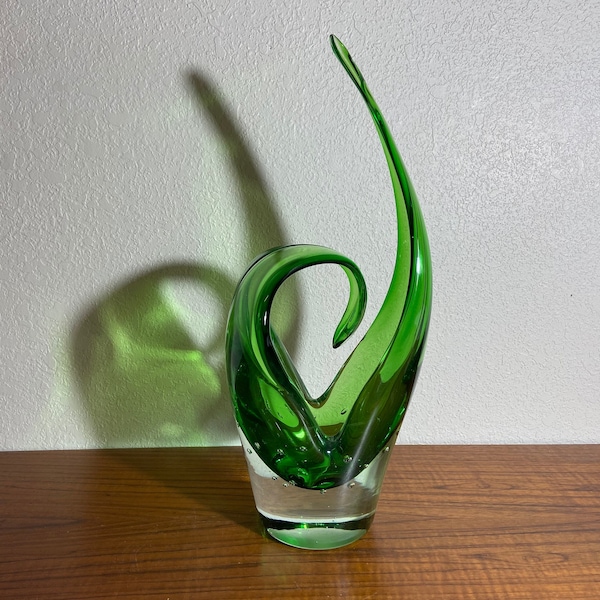 Green and Clear Blown Art Glass Vase