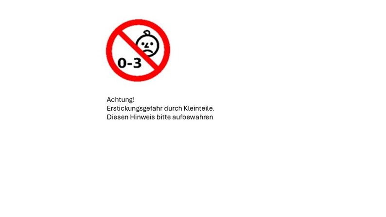 Puede incluir: Un c&iacute;rculo rojo con una l&iacute;nea diagonal que lo atraviesa. Dentro del c&iacute;rculo hay una imagen en blanco y negro de la cara de un beb&eacute; con el ce&ntilde;o fruncido. El texto "0-3" est&aacute; escrito en negro dentro del c&iacute;rculo. Debajo del c&iacute;rculo est&aacute; el texto "Achtung! Erstickungsgefahr durch Kleinteile. Diesen Hinweis bitte aufbewahren."