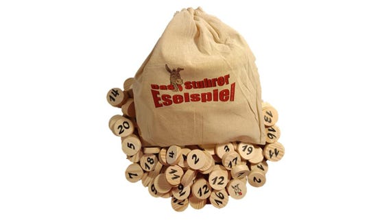 Juego de burro, 121 piezas, madera bolsa de tela, hecho a mano, 2-6 jugadores, juego familiar, juego de fiesta, juego de mesa