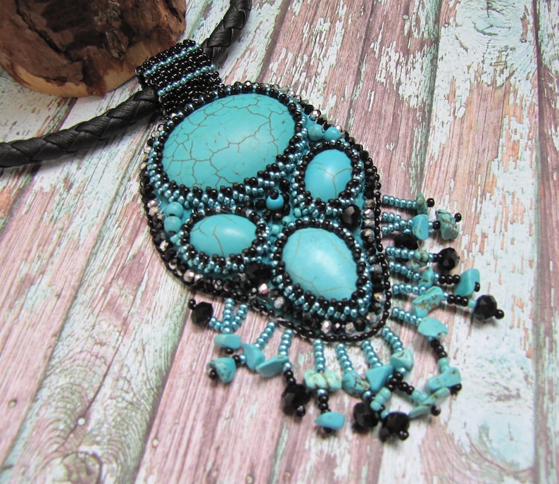 Turquoise jewelry set necklace and earrings Big chunky necklace Embroidered earrings Turquoise black large locket Necklace with fringe