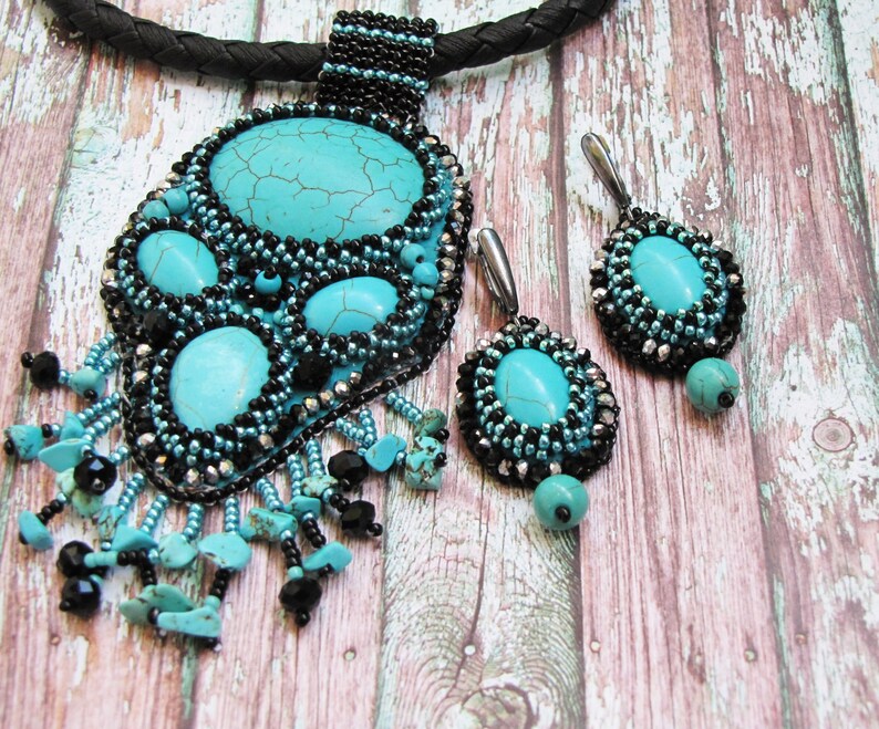 Turquoise jewelry set necklace and earrings Big chunky necklace Embroidered earrings Turquoise black large locket Necklace with fringe