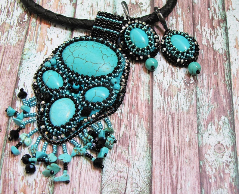 Turquoise jewelry set necklace and earrings Big chunky necklace Embroidered earrings Turquoise black large locket Necklace with fringe