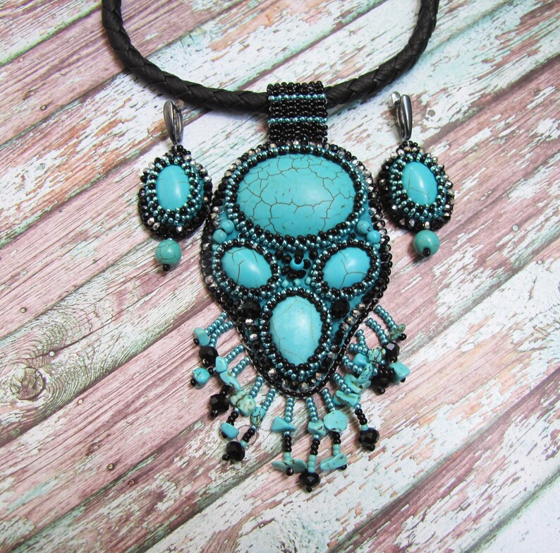 Turquoise jewelry set necklace and earrings Big chunky necklace Embroidered earrings Turquoise black large locket Necklace with fringe