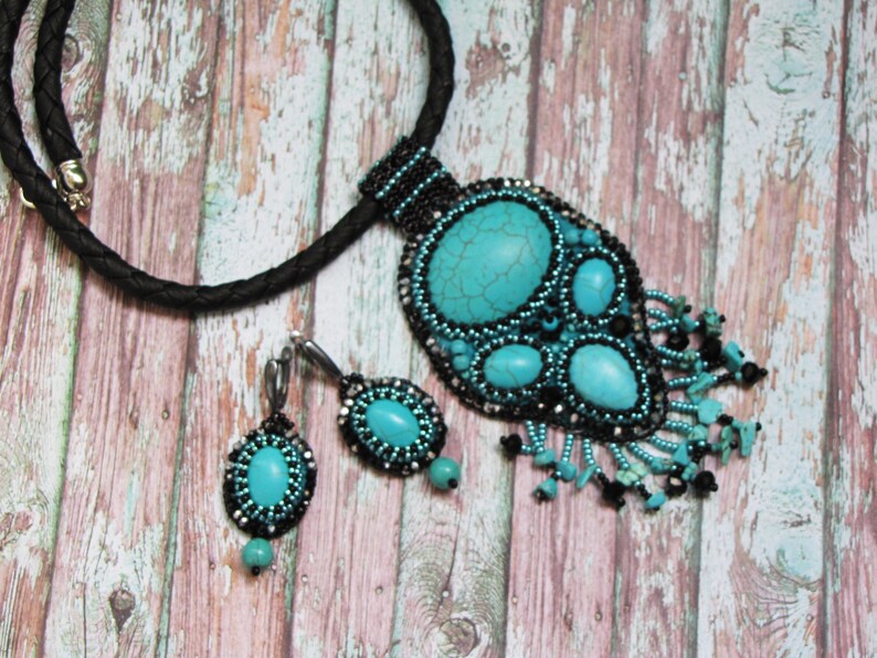 Turquoise jewelry set necklace and earrings Big chunky necklace Embroidered earrings Turquoise black large locket Necklace with fringe