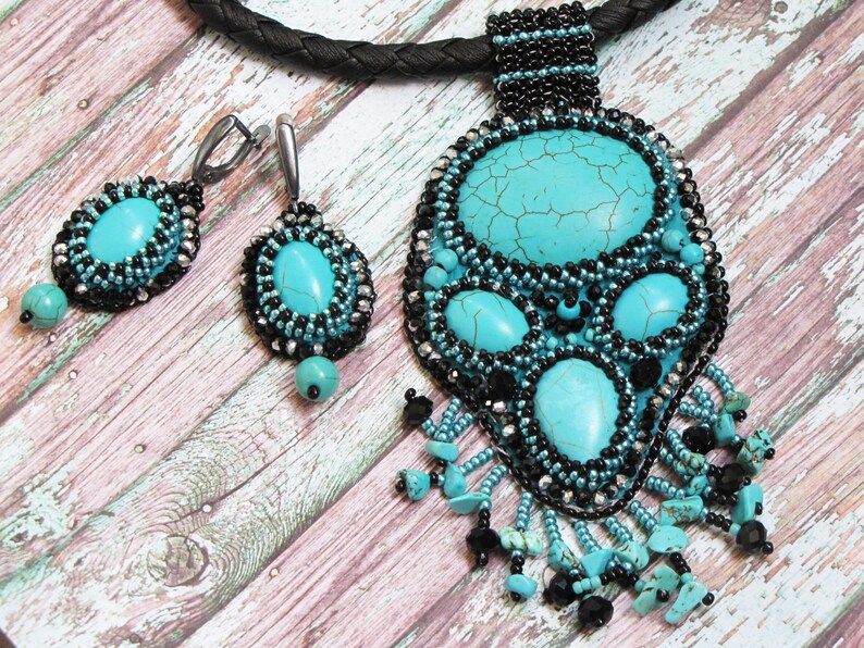 Turquoise jewelry set necklace and earrings Big chunky necklace Embroidered earrings Turquoise black large locket Necklace with fringe
