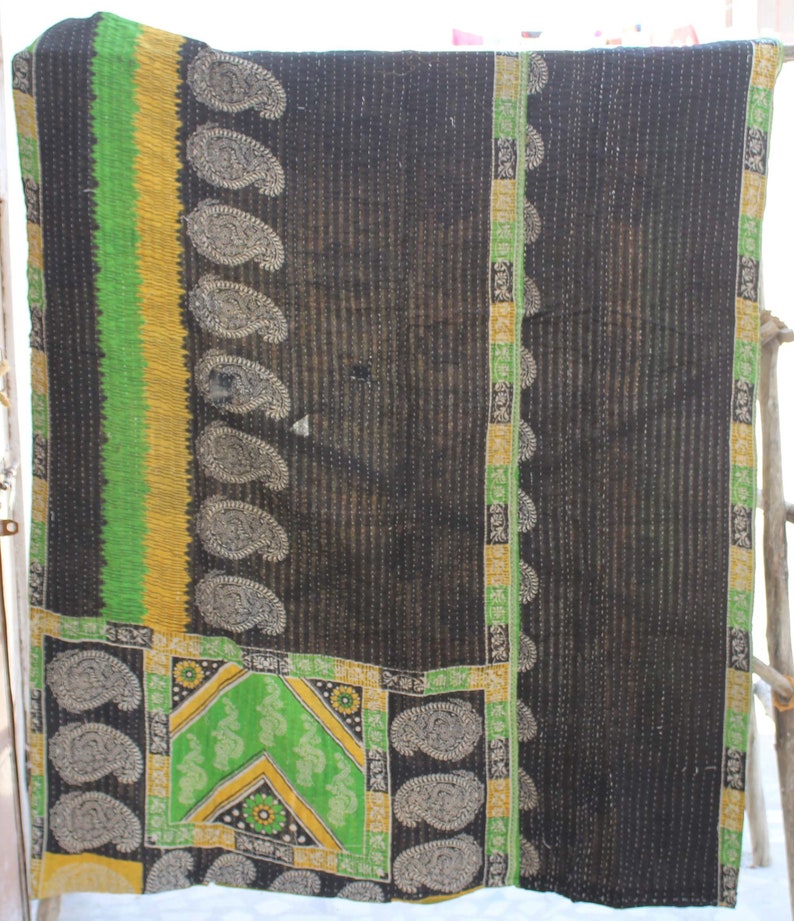 Vintage Reversible Cotton Kantha Quilt Paisley Print Kantha Blanket Hand Stitched Sari Kantha Throw Bohemian Bedspread Kantha Bed Cover
