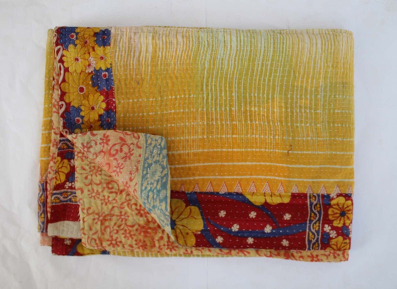 Reversible Kantha Quilt Floral Design Kantha Blanket Colorful Handmade Sari Kantha Throw Bohemian Twin Size Kantha Bedspread