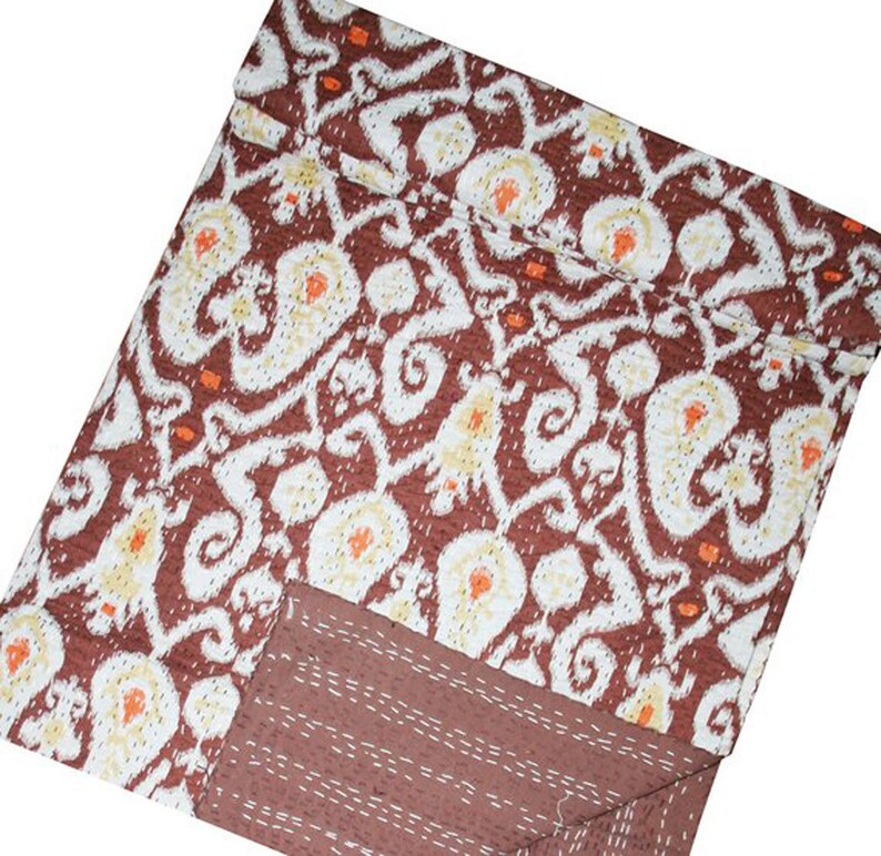 Brown Handmade Paisley Print Kantha Quilt Indian Cotton Kantha Blanket Bohemian Kantha Bedspread Reversible Kantha Throw