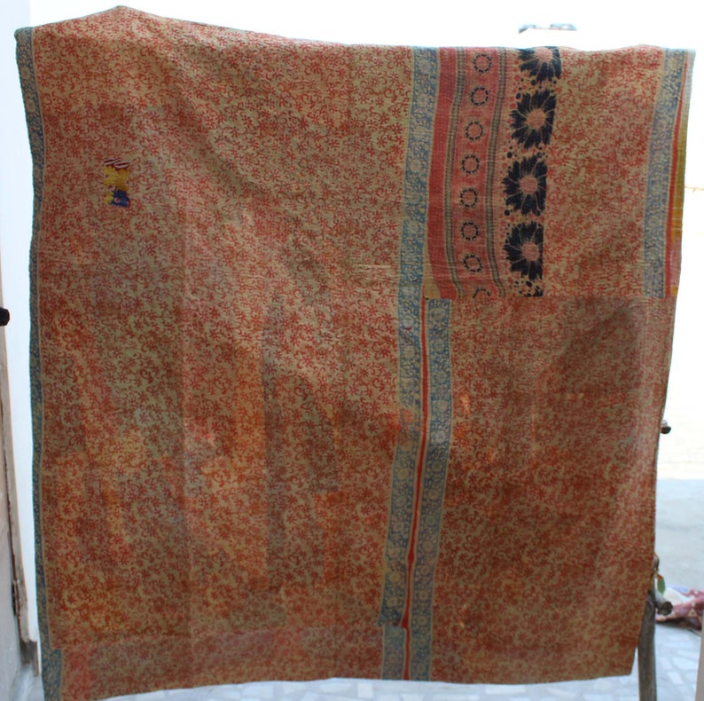 Reversible Kantha Quilt Floral Design Kantha Blanket Colorful Handmade Sari Kantha Throw Bohemian Twin Size Kantha Bedspread