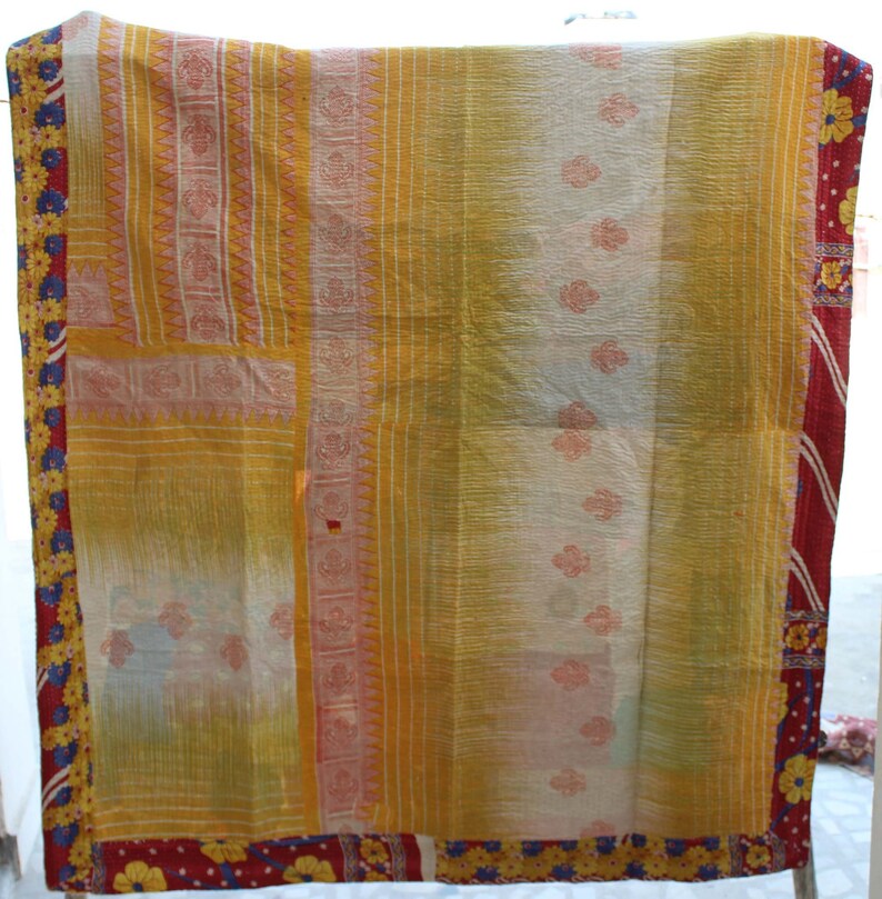 Reversible Kantha Quilt Floral Design Kantha Blanket Colorful Handmade Sari Kantha Throw Bohemian Twin Size Kantha Bedspread