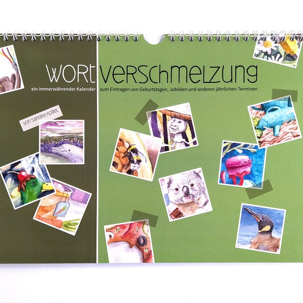 Humorvoller immerwährender Kalender "Wortverschmelzung" DIN A4 mit Aquarell-Illustrationen