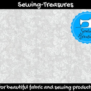 May include: A white fabric with a repeating pattern of white butterflies and stars on a light gray background. The text "Sewing Treasures" is in a blue circle with a white sewing machine and the text "Sewing Treasures" in black.