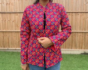Traditional Reversible Quilted jacket with front pocket style ,comfortable a soft touch Handmade block print Cotton women Jacket