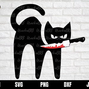Cat with Knife Svg, Knife Black Cat Svg, Black Cat Svg, Black Cat with Knife Svg, Murderous Cat With Knife Svg, Png, AI, Dxf