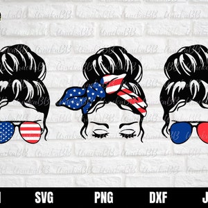 4. Juli Messy Bun Hair SVG, rot weiß und blau Amerika Messy Bun Haar Sonnenbrille Svg, amerikanische patriotische Mutter Bun Haar Sonnenbrille Svg