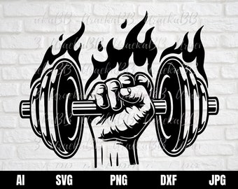 Hand Holding Dumbbell Weight Plate Bar Weightlifting Fitness Workout Working Out Gym Instant Download, Svg, Png, AI, Dxf