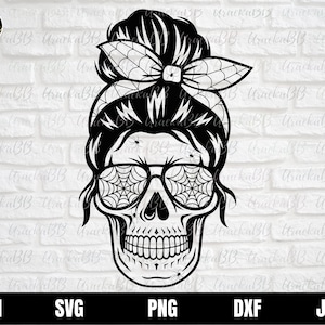 Messy Bun Mama Skull Halloween Svg, Skull Messy Bun Svg, Queen Momster Spider Web Svg,  Skeleton Spooky Horror Creepy Svg, Png, AI, Dxf