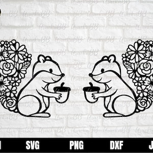 Écureuil floral svg, écureuil svg, écureuil fleuri svg, queue d’écureuil svg, écureuil avec gland svg, silhouette d’écureuil pour cricut