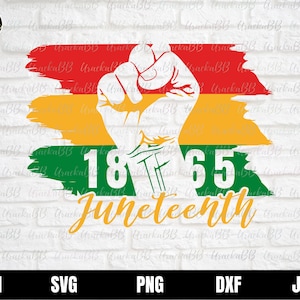 May include: A graphic design with a white raised fist, set against red, yellow, and green brushstrokes. The number "1865" is in white, with the word "Juneteenth" in a cursive font, celebrating the holiday.