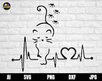 Cat Svg, Cat Heartbeat Svg, Cat with Heart Svg, Cat Heartbeat Shirt Svg, Love Cat Svg, Cat Face Svg, Cat Lover Svg, Heartbeat Svg, Png, AI