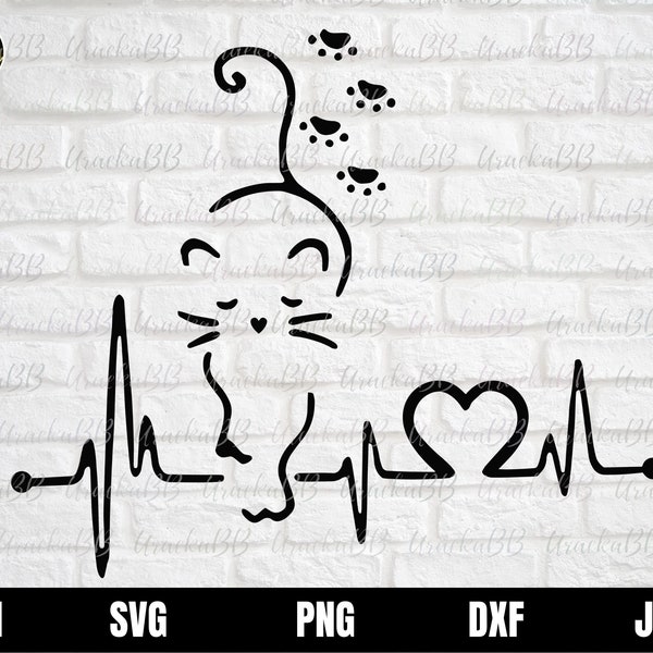 Cat Svg, Cat Heartbeat Svg, Cat with Heart Svg, Cat Heartbeat Shirt Svg, Love Cat Svg, Cat Face Svg, Cat Lover Svg, Heartbeat Svg, Png, AI