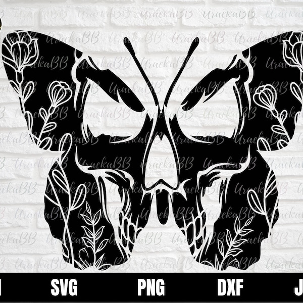 Crâne de fleur Svg, Crâne de papillon Svg, Crâne floral Svg, Crâne papillon Svg, Papillon d’Halloween, Crâne et papillon Svg Dxf Jpg Png