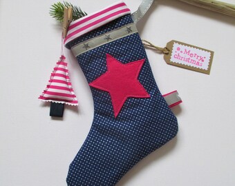 St. Nicholas sock for filling dark blue with silver dots, pink applied felt star on both sides, WITHOUT DECORATION