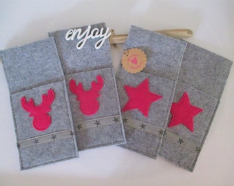 Four high-quality cutlery bags made of solid pocket felt, 2x star, 2x deer, borde with glitter stars, WITHOUT DECORATION