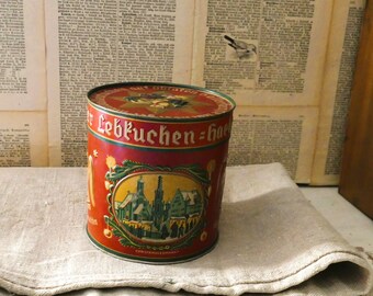 Old gingerbread tin can with magical decor, rarity, collector, advertising tin, shabby, vintage, Aunt Emma, Haeberlein