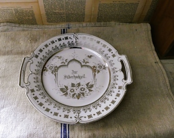 Old porcelain plate, for a silver wedding, silver decoration, decorative plate, porcelain, painted, shabby, nostalgia, decoration
