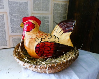 Vintage Huhn aus Pappmache, Deko, Ostern, Hühnerfigur, Altes Huhn, Handbemalt, Landhaus, shabby