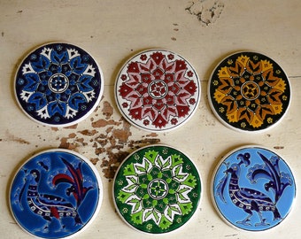 Old ceramic coaster set, wooden stand, mandala, medallions, crafts, decoration, shabby, brocante