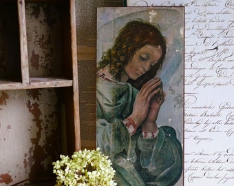 Old picture of praying angel, print, wood, decoration shabby, country house