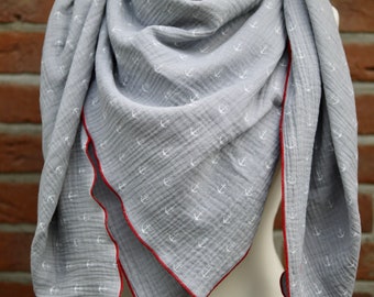 Women's XXL scarf, neck scarf, triangular scarf, pareo made of muslin, grey, anchor, 135 x 135 cm, wrap, stole, maritime shoulder scarf