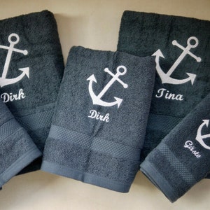 maritime towel/bath towel/guest towel ANCHOR personalized, dark grey, anthracite, embroidered with name, embroidery, anchor embroidery image 1