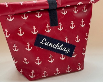 maritime lunch bag, lunch box with anchors red and white, oilcloth bag, sandwich to go, anchor bag, snack bag, snack bag