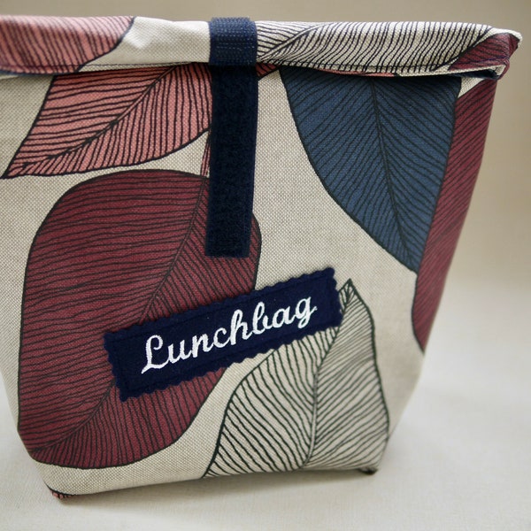 Lunchbag BLÄTTER mit Aufnähern oder personalisiert, Lunchbox, Wachstuch Tasche für Pausenbrot, Brotzeit, Vesper, Frühstück, Wetbag