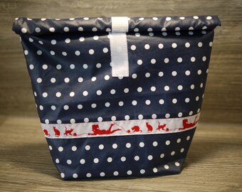 Lunch bag polka dots blue and white cats, lunch box dark blue, oilcloth bag, wet bag, utensil, fabric bag, cosmetic bag, oilcloth bag