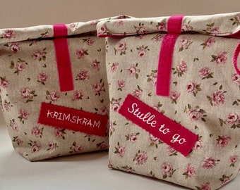 Oilcloth bag, lunch bag ROSES, lunch box, snack bag, lunch bag, with embroidery, also personalized, beige-pink-colored, wet bag