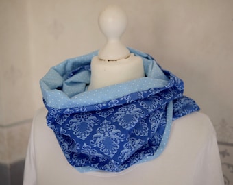 LOOP ornaments and polka dots blue, women's loop scarf, cotton scarf, jewelry scarf, scarf light blue dots and ornaments blue light blue