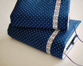 maritime book cover made of fabric for paperback/bound book, book cover anchor, lighthouse, dark blue-white dots