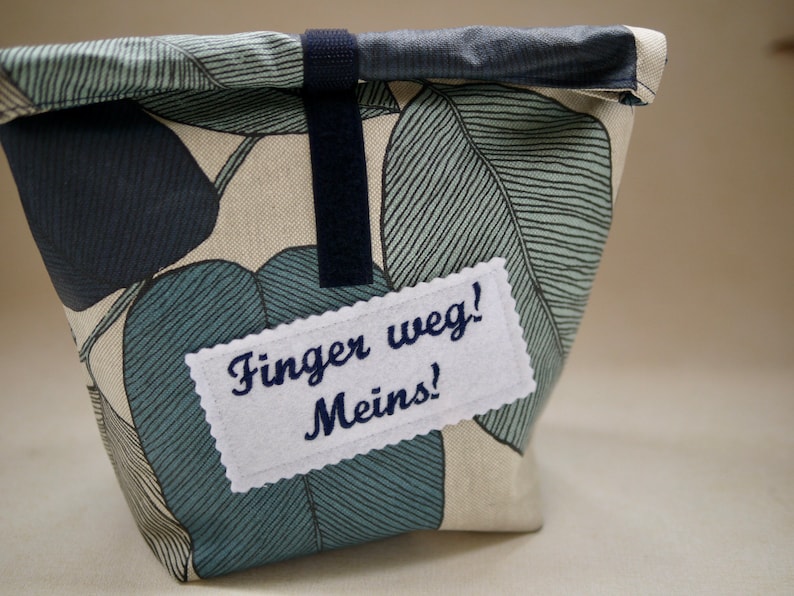 Lunch bag LEAVES with patches or personalized, lunch box, oilcloth bag for lunch, snack, snack, breakfast, wet bag Blau