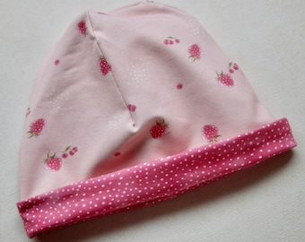 Children's reversible beanie, hat, baby hat girls, head circumference (KU) approx. 46-50 cm, reversible hat, strawberries and dots pink-pink