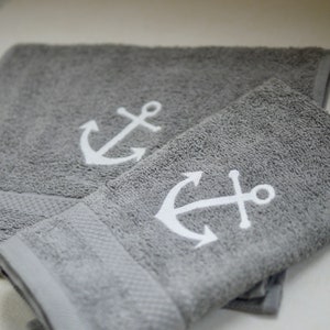 Maritime guest towel, shower towel, embroidered with ANCHOR, taupe-white, mud colors, cotton towel, terry towel, embroidery image 2