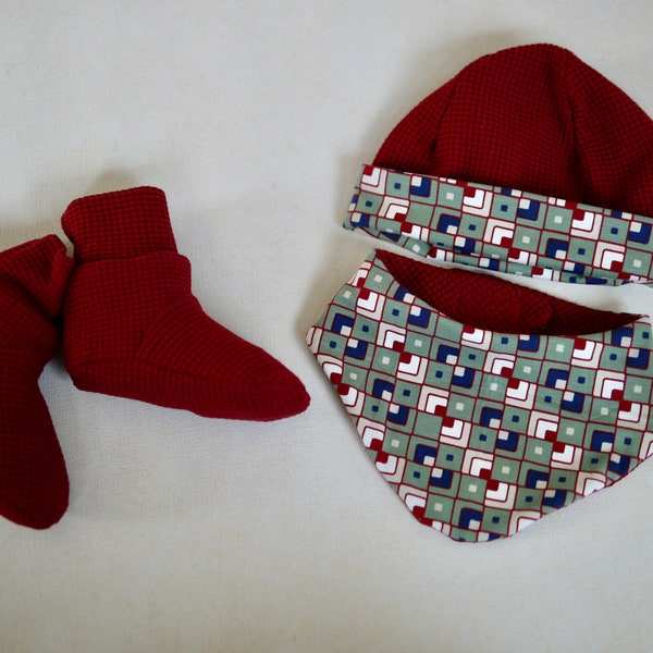Bonnet bébé + écharpe + prémices, cadeau naissance, 3 pièces. Ensemble bonnet bébé, écharpe, chaussures bébé, unisexe