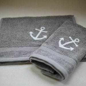 Maritime guest towel, shower towel, embroidered with ANCHOR, taupe-white, mud colors, cotton towel, terry towel, embroidery image 3
